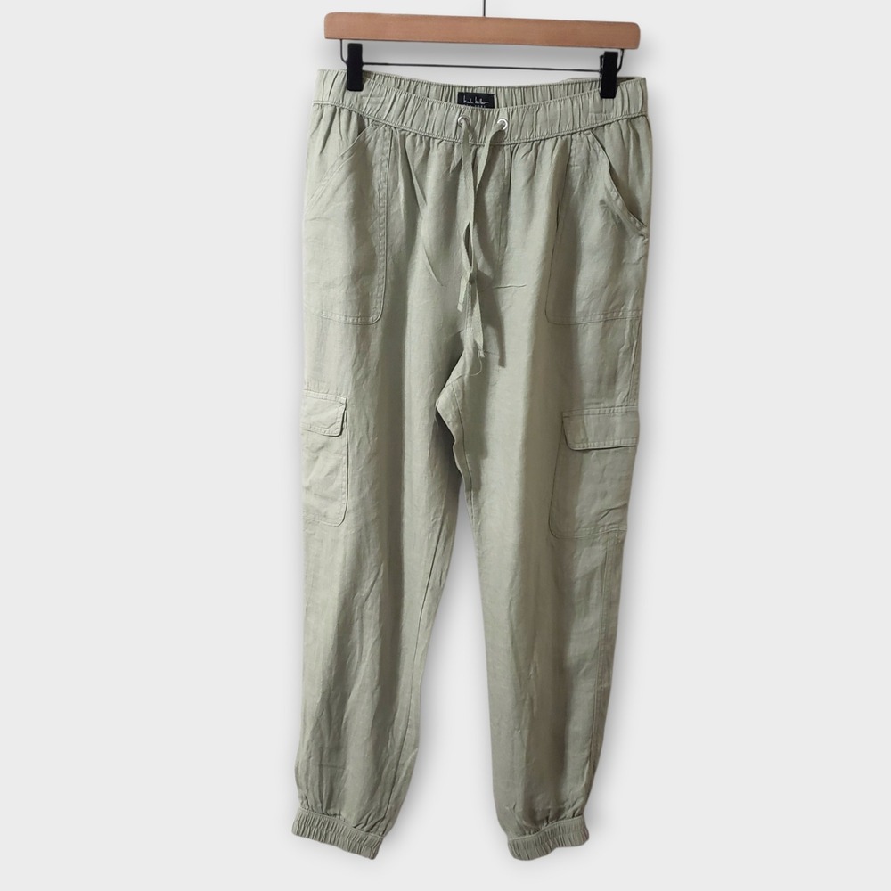 Nicole‎ Miller New York 100% Linen Cargo Jogger Pants Sage Green Womens Large
